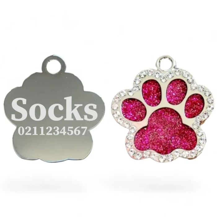 ⭐️Pawsome Pets⭐️ - Bling Paw Print Cat & Dog ID Pet Tag - DeepPink