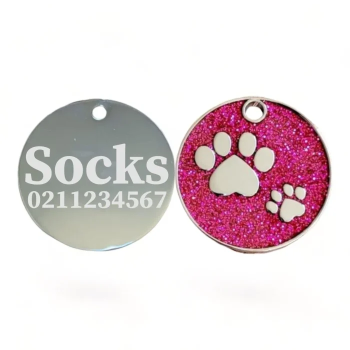 ⭐️Pawsome Pets⭐️ - Glitter Paw Print Round Cat & Dog ID Pet Tag - DeepPink