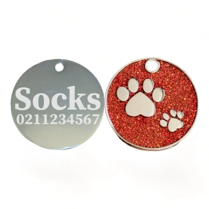 ⭐️Pawsome Pets⭐️ - Glitter Paw Print Round Cat & Dog ID Pet Tag - FireBrick
