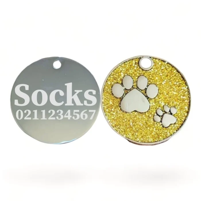 ⭐️Pawsome Pets⭐️ - Glitter Paw Print Round Cat & Dog ID Pet Tag - Gold