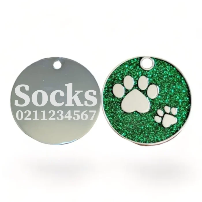 ⭐️Pawsome Pets⭐️ - Glitter Paw Print Round Cat & Dog ID Pet Tag - Green