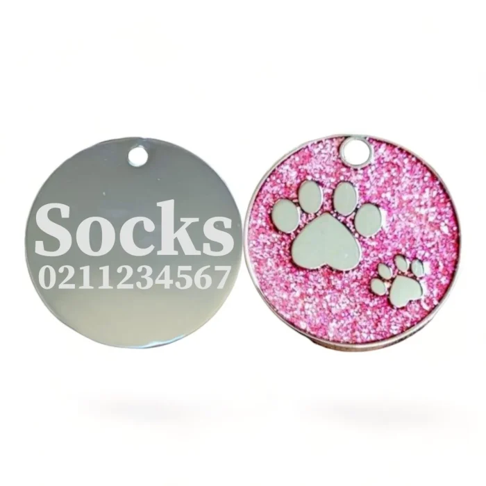 ⭐️Pawsome Pets⭐️ - Glitter Paw Print Round Cat & Dog ID Pet Tag - LightPink