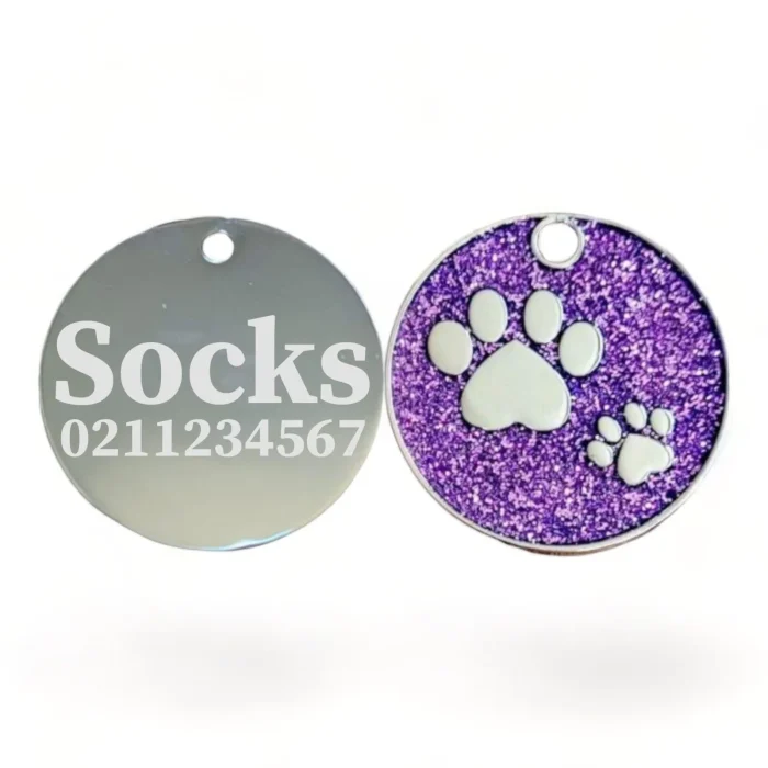 ⭐️Pawsome Pets⭐️ - Glitter Paw Print Round Cat & Dog ID Pet Tag - Purple