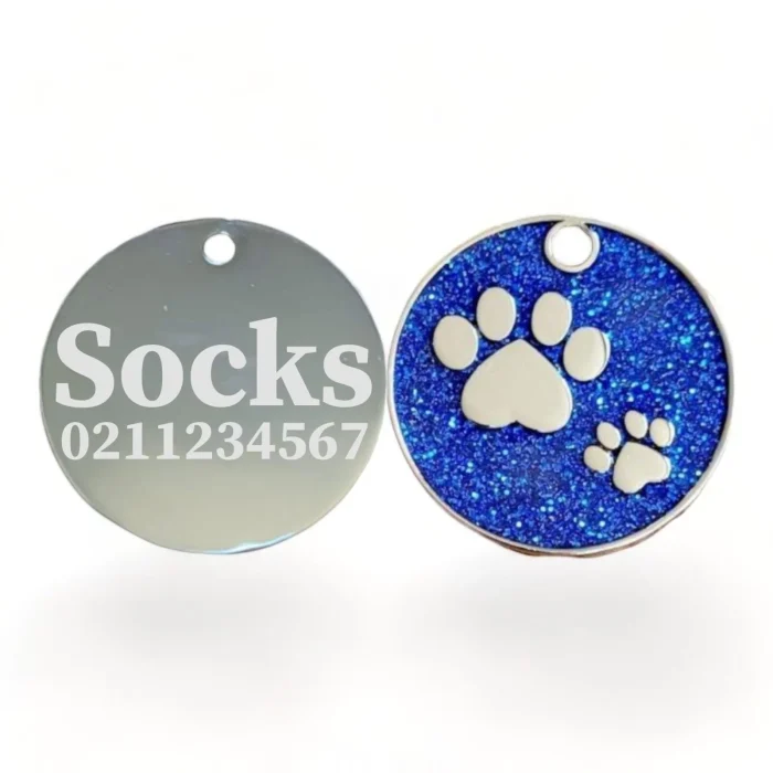 ⭐️Pawsome Pets⭐️ - Glitter Paw Print Round Cat & Dog ID Pet Tag - RoyalBlue