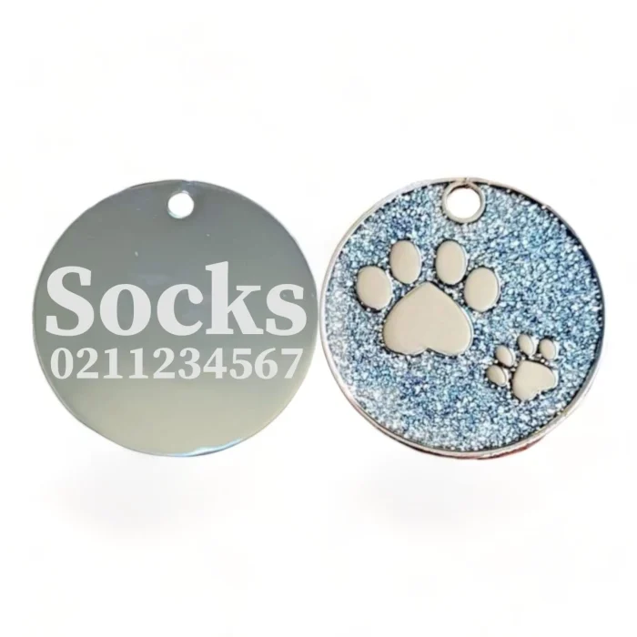 ⭐️Pawsome Pets⭐️ - Glitter Paw Print Round Cat & Dog ID Pet Tag - White