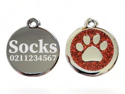 Flat Round Paw Print Dog ID Pet Tag ⭐️Pawsome Pets⭐️ - Mini Round Paw Print Cat & Dog ID Pet Tag - FireBrick / Cat (Small)