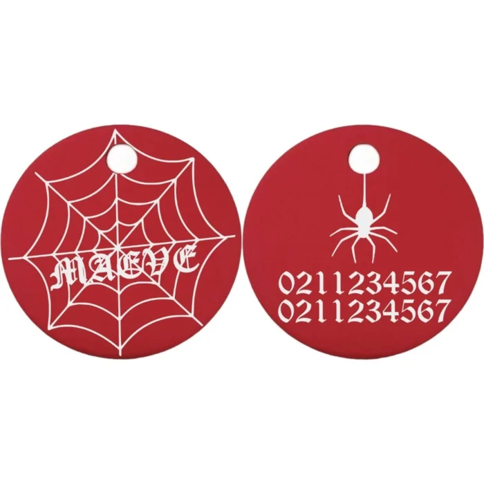 ⭐️Pawsome Pets⭐️ - Spiders Web Round Aluminum Cat & Dog ID Pet Tag - Red / Small (Cat)